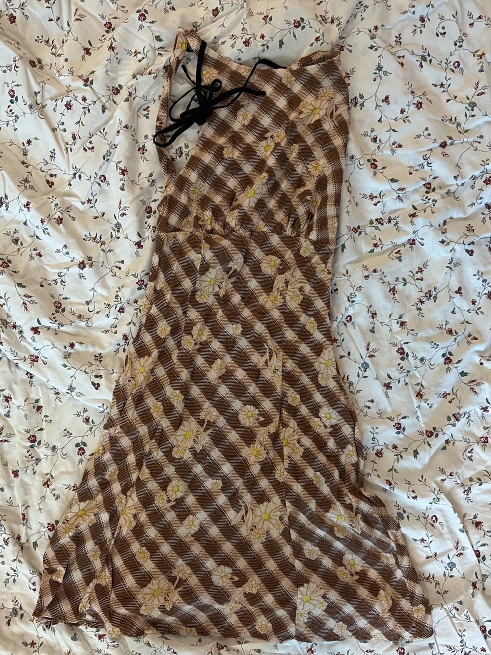 Urban Outfitters Kimchi Blue Brown Plaid Floral Tie-Shoulder Dress